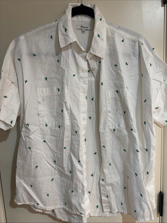 Madewell Tops - Madewell White Short-Sleeve Button-Down Shirt with Green Cactus Embroidery